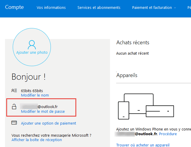 comment changer compte outlook